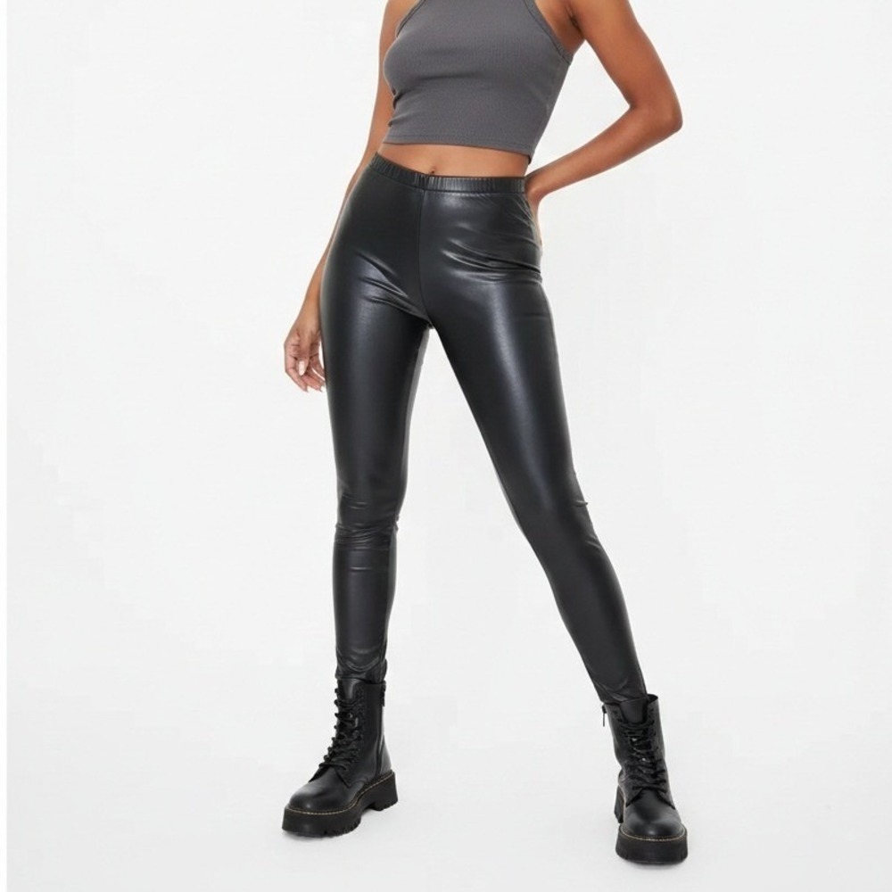 NWT PrettyLittleThing Black Basic Faux Leather High Waist Leggings Size 8 Tall